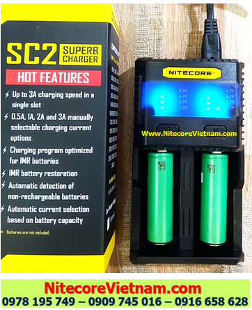 Nitecore SC2 (Bộ sạc Nitecore SC2 kèm sẳn 02 pin SẠC 18650 SONY VTC6 3000mAh dòng xả 30A lithium 3.7v) chính hãng